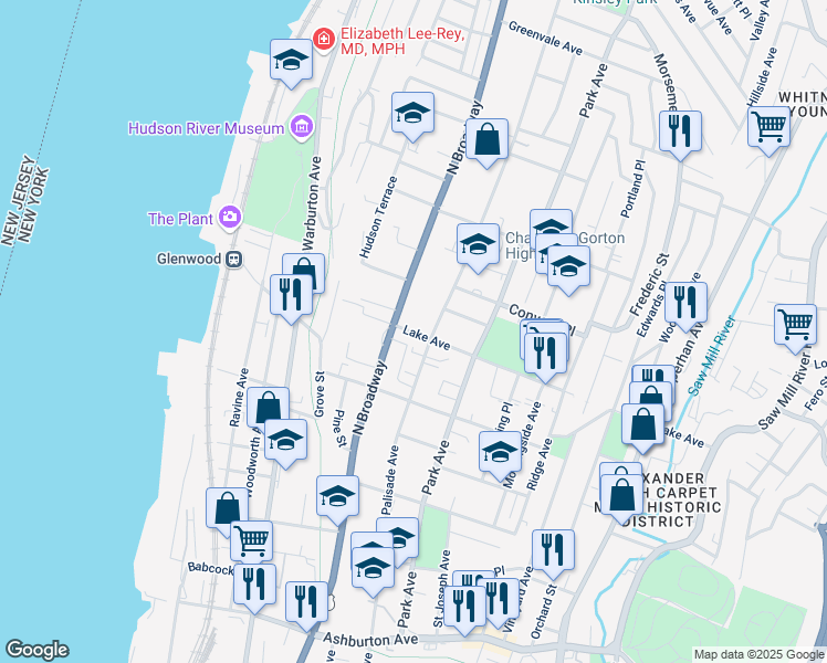 map of restaurants, bars, coffee shops, grocery stores, and more near 21 Lake Avenue in Yonkers