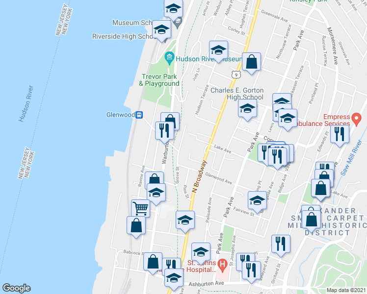 map of restaurants, bars, coffee shops, grocery stores, and more near 23 Hudsonview Terrace in Yonkers