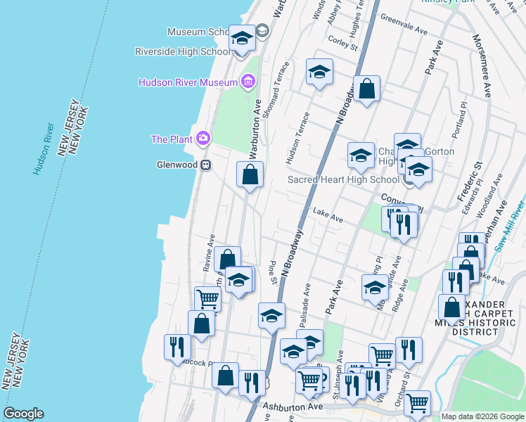 map of restaurants, bars, coffee shops, grocery stores, and more near 370 Warburton Avenue in Yonkers