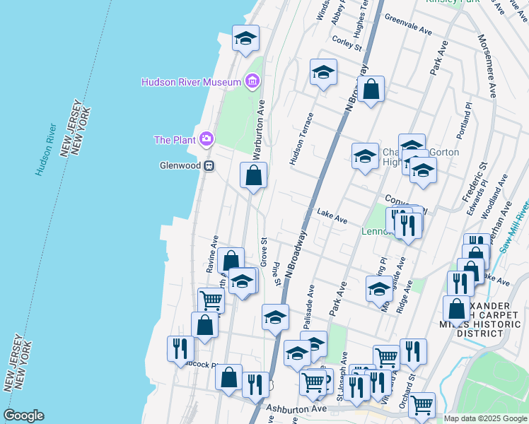 map of restaurants, bars, coffee shops, grocery stores, and more near 370 Warburton Avenue in Yonkers