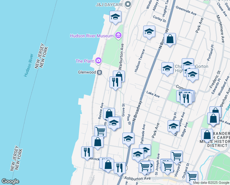 map of restaurants, bars, coffee shops, grocery stores, and more near 370 Warburton Avenue in Yonkers