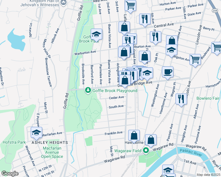 map of restaurants, bars, coffee shops, grocery stores, and more near 138 Diamond Bridge Avenue in Hawthorne