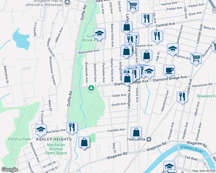 map of restaurants, bars, coffee shops, grocery stores, and more near 118 Diamond Bridge Avenue in Hawthorne