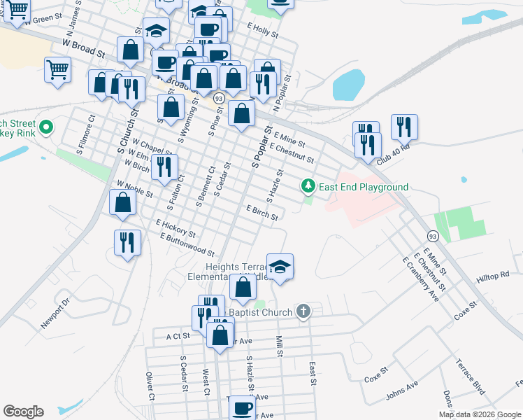map of restaurants, bars, coffee shops, grocery stores, and more near 333-399 East Birch Street in Hazleton