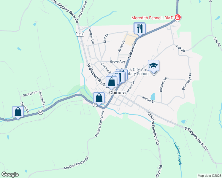map of restaurants, bars, coffee shops, grocery stores, and more near 120 West Slippery Rock Street in Chicora