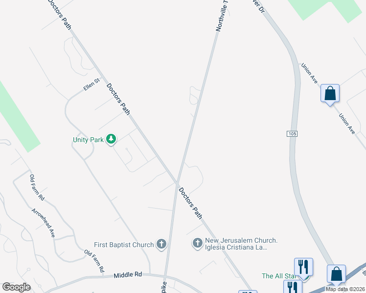 map of restaurants, bars, coffee shops, grocery stores, and more near 1232 Northville Turnpike in Riverhead