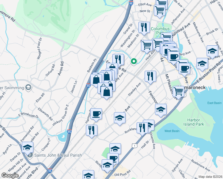 map of restaurants, bars, coffee shops, grocery stores, and more near 532 Waverly Avenue in Mamaroneck