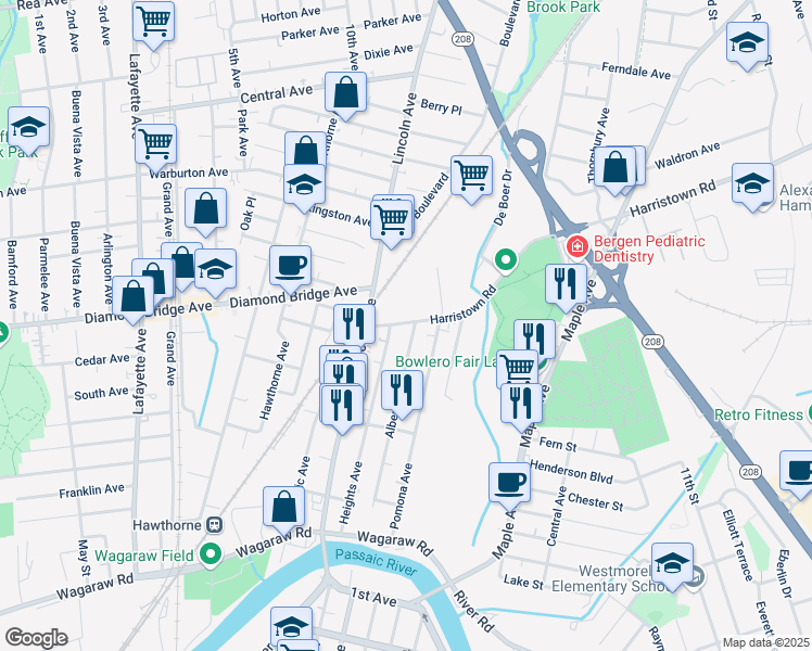 map of restaurants, bars, coffee shops, grocery stores, and more near 23 Harristown Road in Fair Lawn