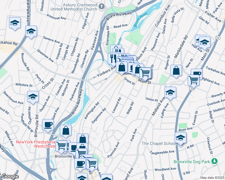 map of restaurants, bars, coffee shops, grocery stores, and more near 111 Sagamore Road in Tuckahoe