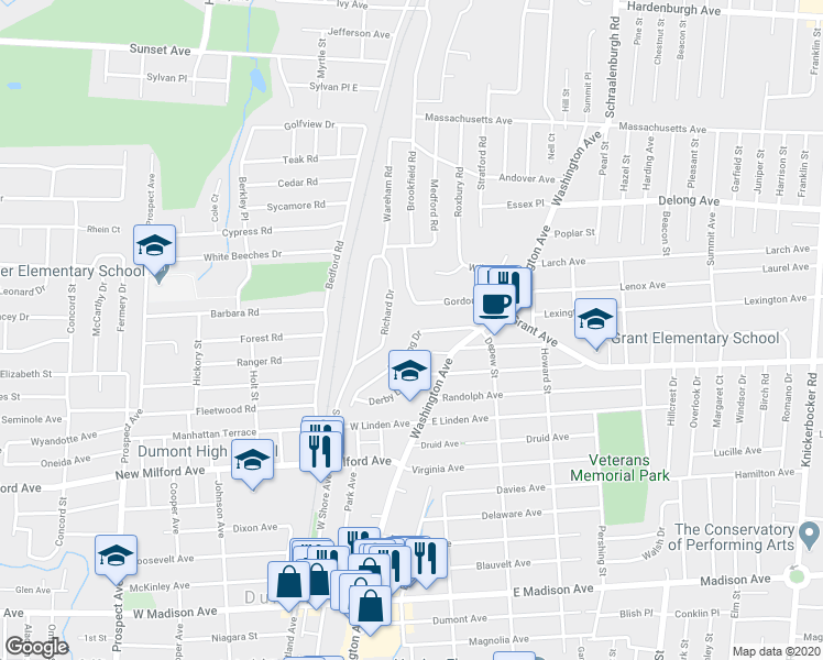 map of restaurants, bars, coffee shops, grocery stores, and more near 34 Huntting Drive in Dumont