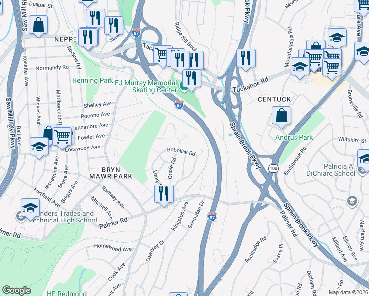 map of restaurants, bars, coffee shops, grocery stores, and more near 110 Bobolink Road in Yonkers