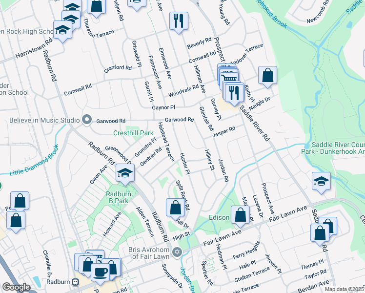 map of restaurants, bars, coffee shops, grocery stores, and more near 19-23 Hunter Place in Fair Lawn