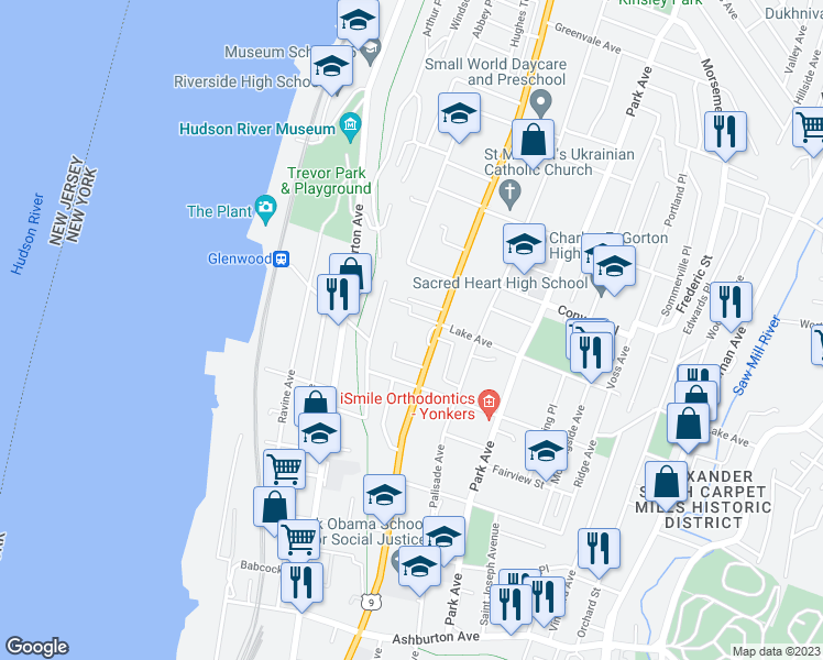map of restaurants, bars, coffee shops, grocery stores, and more near 377 North Broadway in Yonkers