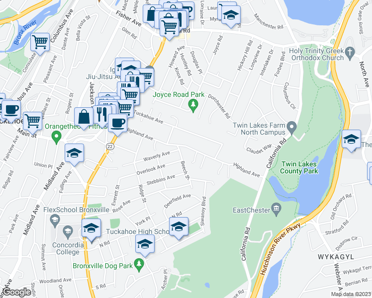 map of restaurants, bars, coffee shops, grocery stores, and more near 82 Highland Avenue in Eastchester