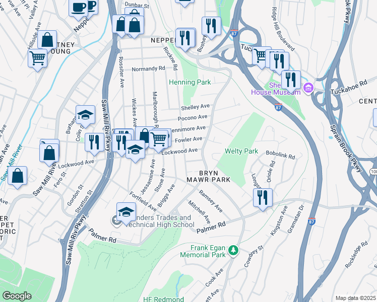 map of restaurants, bars, coffee shops, grocery stores, and more near 200 Lockwood Avenue in Yonkers