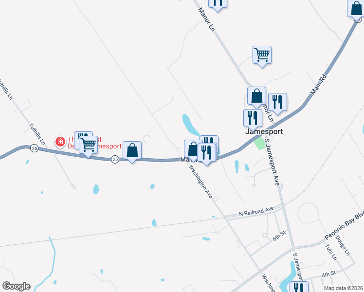 map of restaurants, bars, coffee shops, grocery stores, and more near 1424 Main Road in Laurel