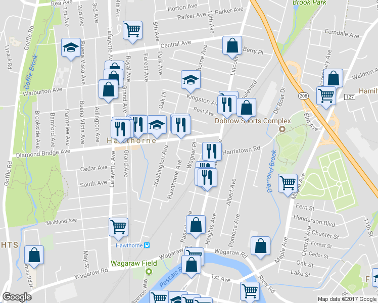 map of restaurants, bars, coffee shops, grocery stores, and more near 13 Midland Avenue in Hawthorne