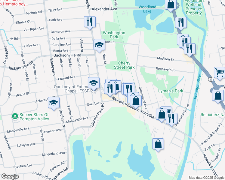 map of restaurants, bars, coffee shops, grocery stores, and more near 10 East Franklin Avenue in Pequannock Township