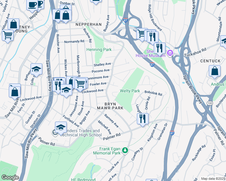 map of restaurants, bars, coffee shops, grocery stores, and more near 31 Victoria Lane in Yonkers
