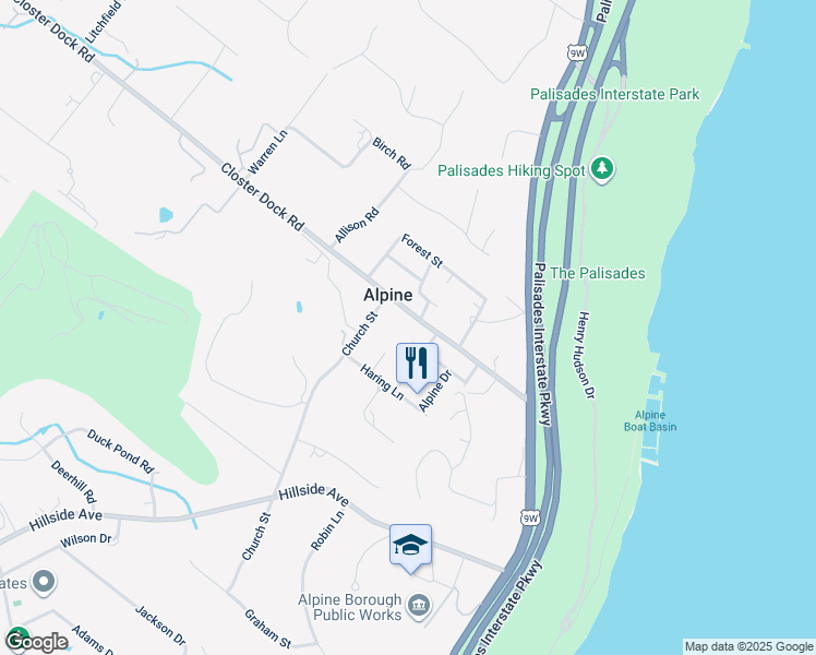 map of restaurants, bars, coffee shops, grocery stores, and more near 986 Closter Dock Road in Alpine