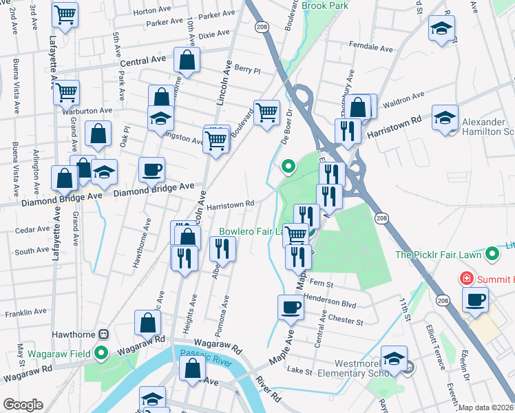 map of restaurants, bars, coffee shops, grocery stores, and more near 60 Harristown Road in Fair Lawn