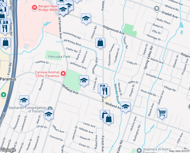 map of restaurants, bars, coffee shops, grocery stores, and more near 474 Lincoln Drive in Paramus