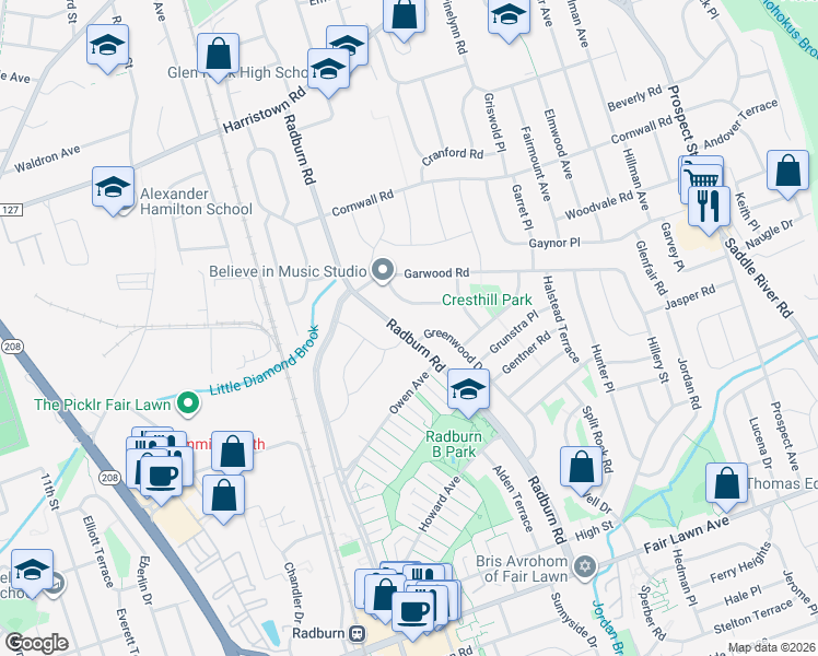 map of restaurants, bars, coffee shops, grocery stores, and more near 22-07 Radburn Road in Fair Lawn