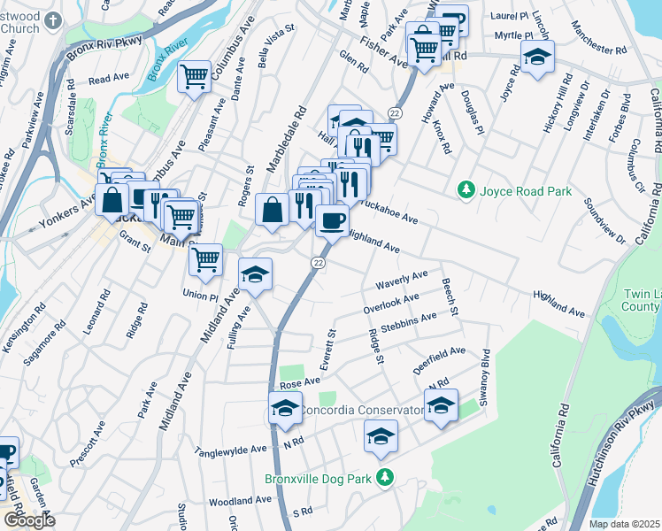 map of restaurants, bars, coffee shops, grocery stores, and more near 12 Prospect Avenue in Eastchester
