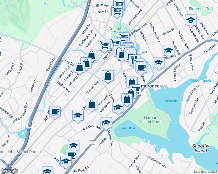 map of restaurants, bars, coffee shops, grocery stores, and more near 215 Fenimore Road in Mamaroneck