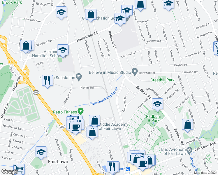 map of restaurants, bars, coffee shops, grocery stores, and more near 78 Nottingham Road in Fair Lawn
