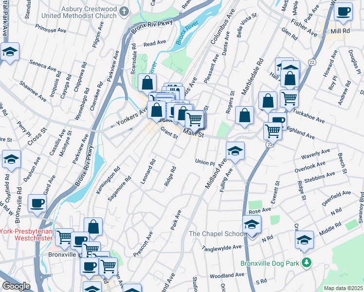 map of restaurants, bars, coffee shops, grocery stores, and more near 22 Fairview Avenue in Tuckahoe