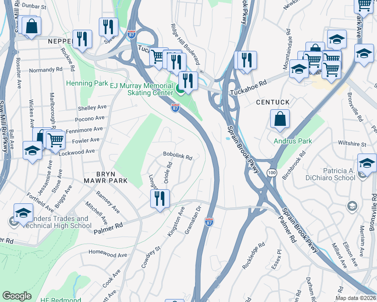 map of restaurants, bars, coffee shops, grocery stores, and more near 110 Bobolink Road in Yonkers