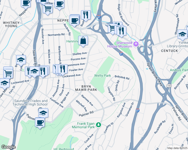 map of restaurants, bars, coffee shops, grocery stores, and more near 74 Mangrove Road in Yonkers