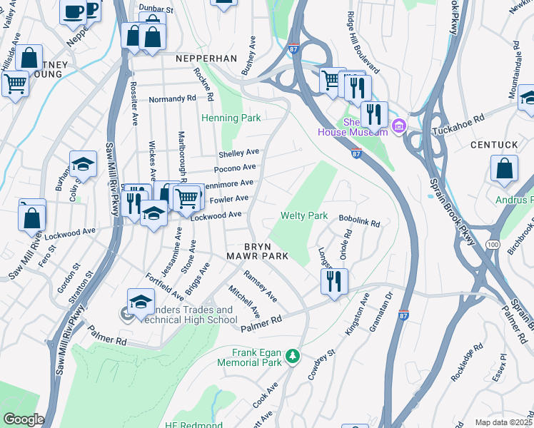 map of restaurants, bars, coffee shops, grocery stores, and more near 31 Victoria Lane in Yonkers