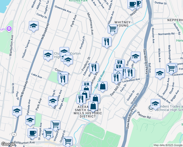 map of restaurants, bars, coffee shops, grocery stores, and more near 675 Nepperhan Avenue in Yonkers