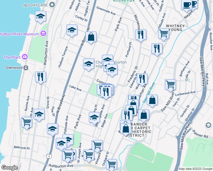 map of restaurants, bars, coffee shops, grocery stores, and more near 1 Convent Avenue in Yonkers