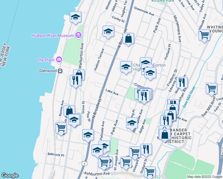 map of restaurants, bars, coffee shops, grocery stores, and more near 21 Lake Avenue in Yonkers