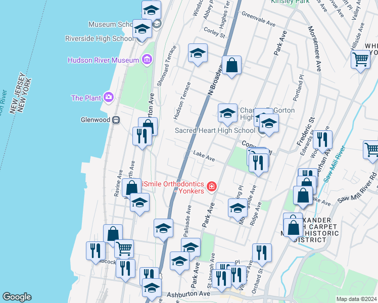 map of restaurants, bars, coffee shops, grocery stores, and more near 377 North Broadway in Yonkers