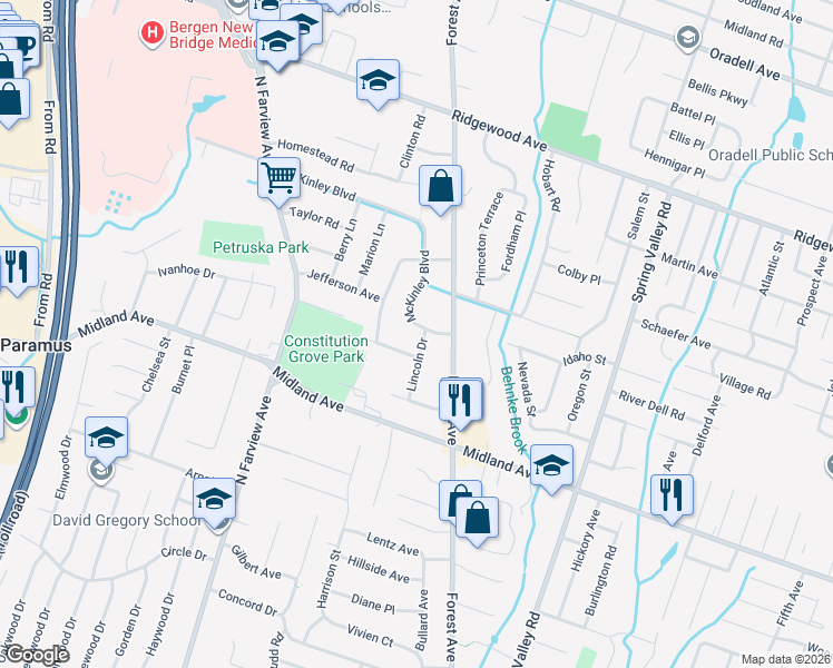 map of restaurants, bars, coffee shops, grocery stores, and more near 474 Lincoln Drive in Paramus