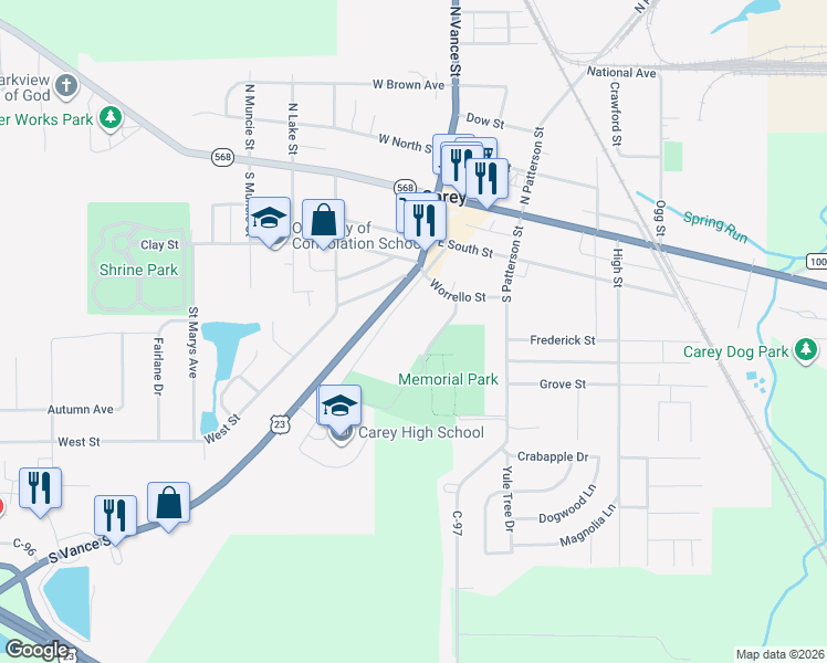 map of restaurants, bars, coffee shops, grocery stores, and more near in Carey