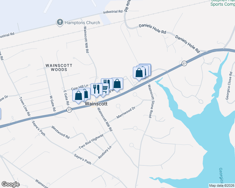 map of restaurants, bars, coffee shops, grocery stores, and more near 346 Montauk Highway in Wainscott