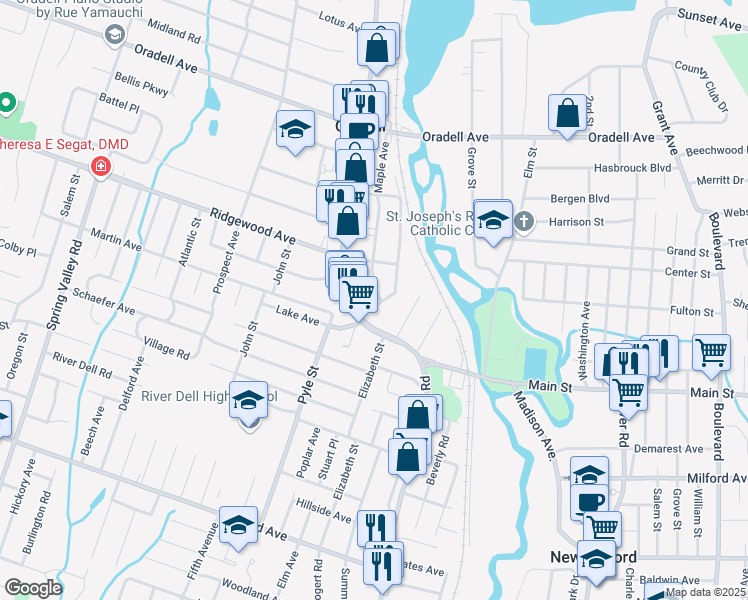 map of restaurants, bars, coffee shops, grocery stores, and more near 594 Brookside Avenue in Oradell