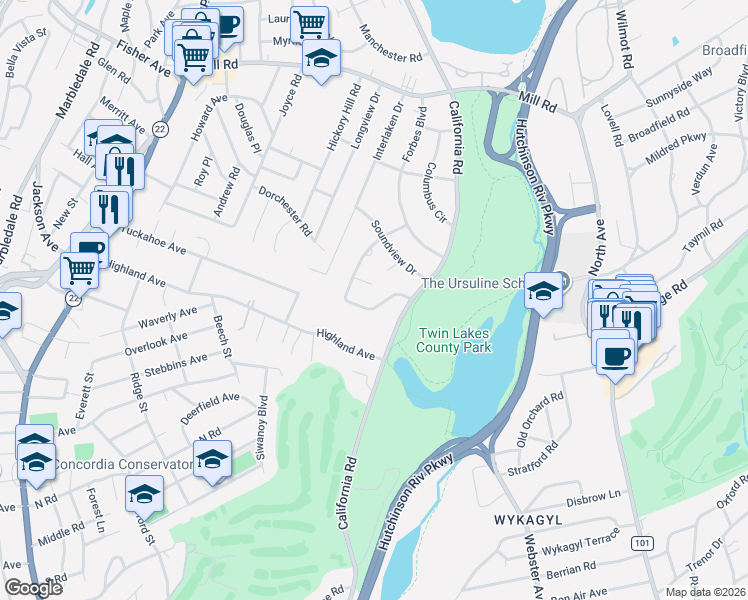 map of restaurants, bars, coffee shops, grocery stores, and more near 29 Claudet Way in Eastchester