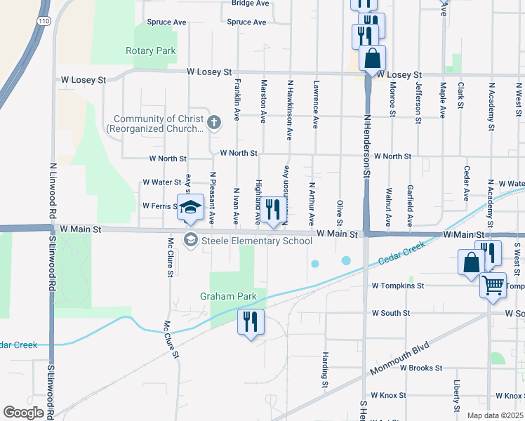 map of restaurants, bars, coffee shops, grocery stores, and more near 97 Highland Avenue in Galesburg