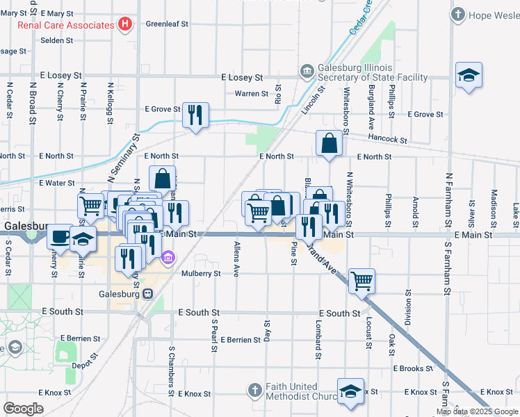map of restaurants, bars, coffee shops, grocery stores, and more near 106 Lincoln Street in Galesburg
