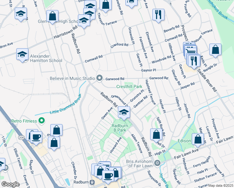 map of restaurants, bars, coffee shops, grocery stores, and more near 21-11 Greenwood Drive in Fair Lawn