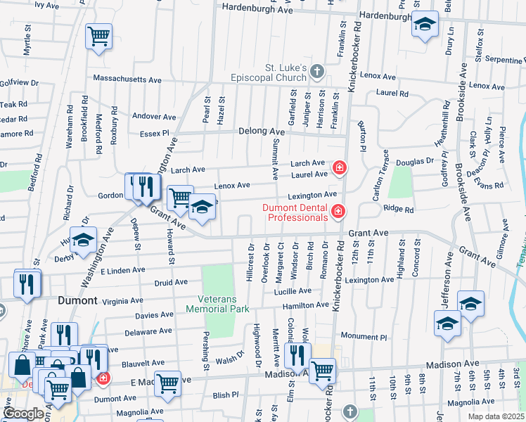 map of restaurants, bars, coffee shops, grocery stores, and more near 31 East Church Court in Dumont