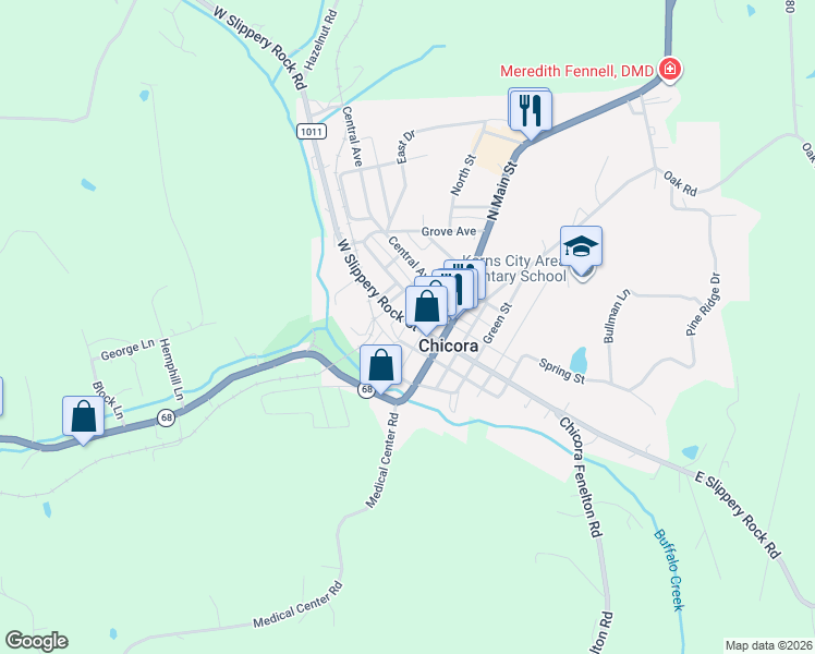 map of restaurants, bars, coffee shops, grocery stores, and more near 120 West Slippery Rock Street in Chicora
