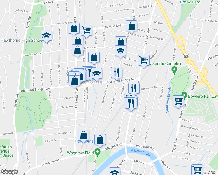 map of restaurants, bars, coffee shops, grocery stores, and more near 181 Washington Avenue in Hawthorne