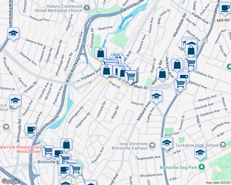 map of restaurants, bars, coffee shops, grocery stores, and more near 22 Fairview Avenue in Tuckahoe